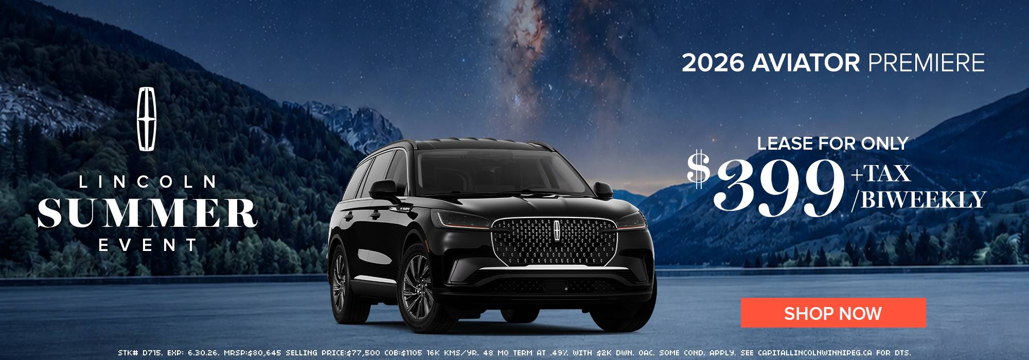 Silver SUV next to text about a $5,500 credit on select 2026 Aviator models, with a "Shop Now" button.