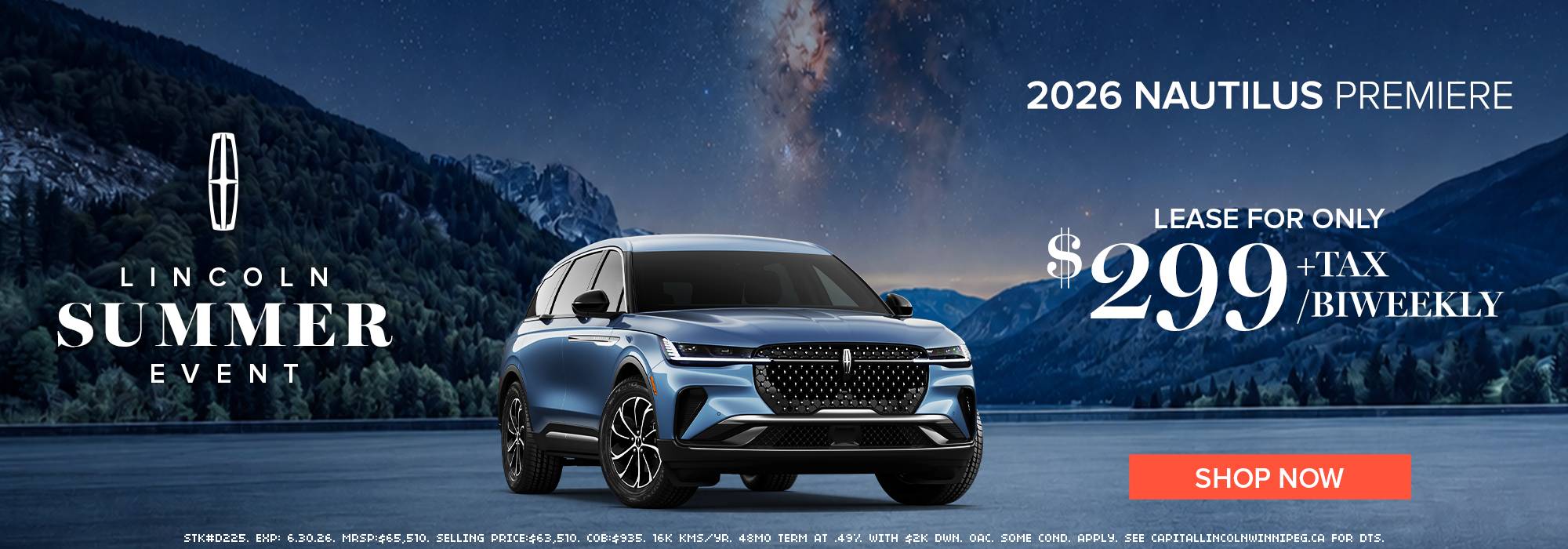 White 2026 Nautilus SUV with a $4,000 credit offer on select models. "Shop Now" call-to-action button.