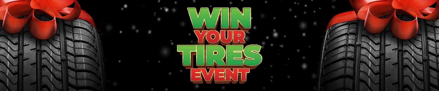 Win Your Tires Event banner with two tires adorned with red bows, on a festive black background.
