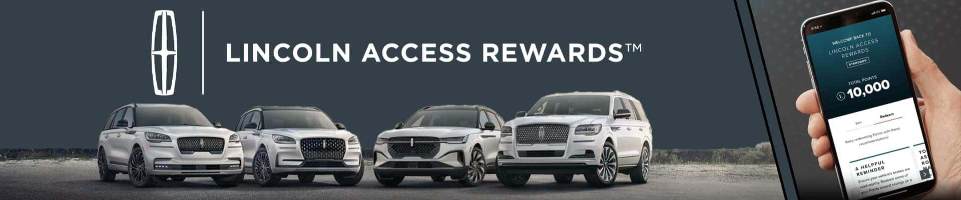Four white Lincoln SUVs on a road, Lincoln Access Rewards text, and a smartphone displaying rewards points.