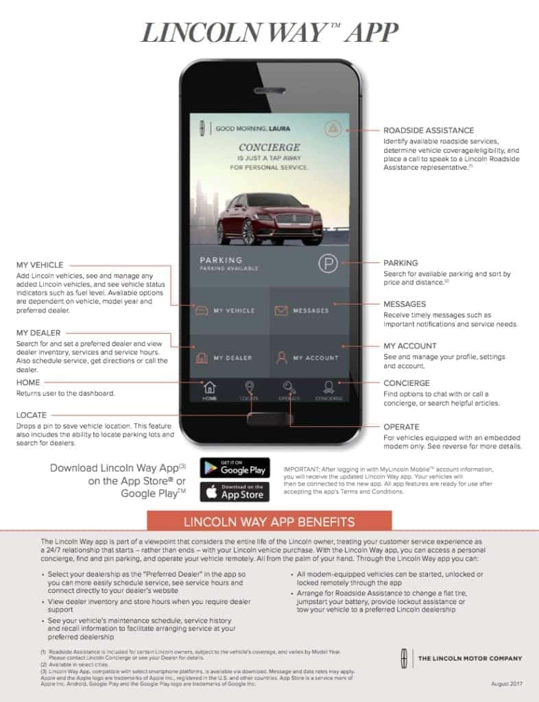 Lincoln Way App features: vehicle management, roadside assistance, parking, messages, and concierge services.