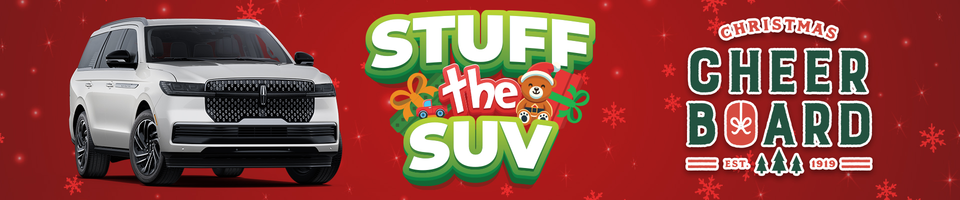 White SUV with "Stuff the SUV" Christmas theme, festive red background, and "Christmas Cheer Board" text.