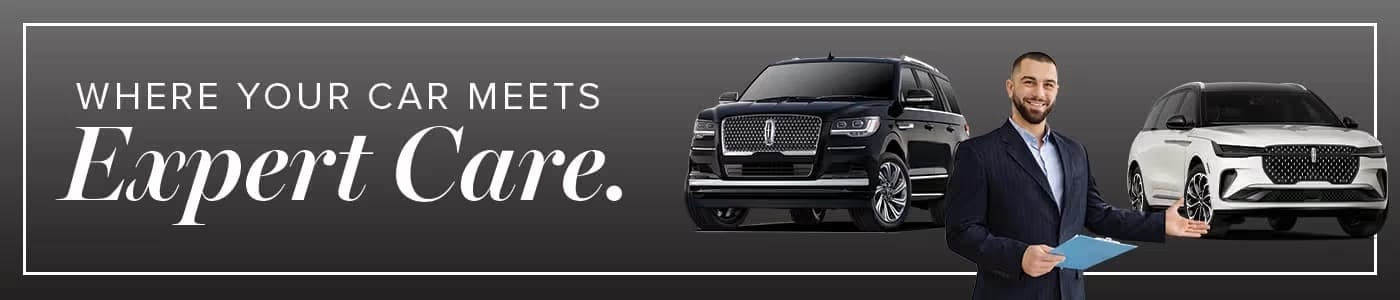 "Where your car meets expert care" text, with a man holding a folder next to two luxury SUVs.
