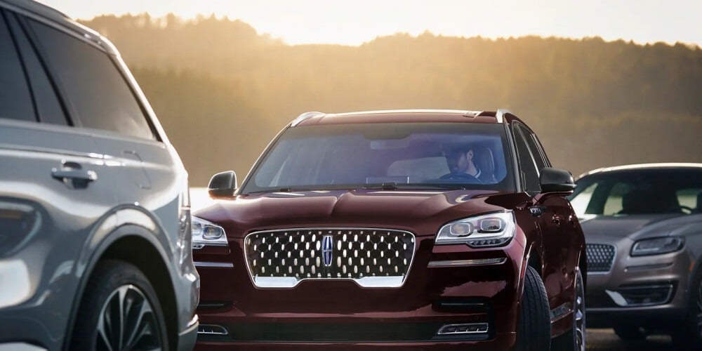 Three SUVs on a road with a forested background at sunset, emphasizing luxury and elegance.