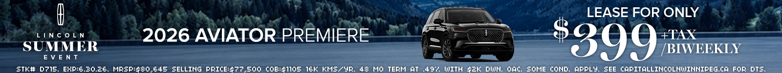 2026 Lincoln Aviator lease offer, $399+tax biweekly, includes vehicle image and forest background.