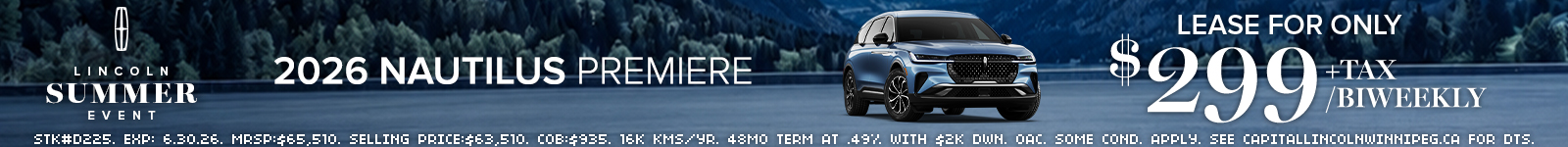 2026 Lincoln Nautilus Premiere ad offering lease for $299 biweekly. SUV with mountain backdrop.