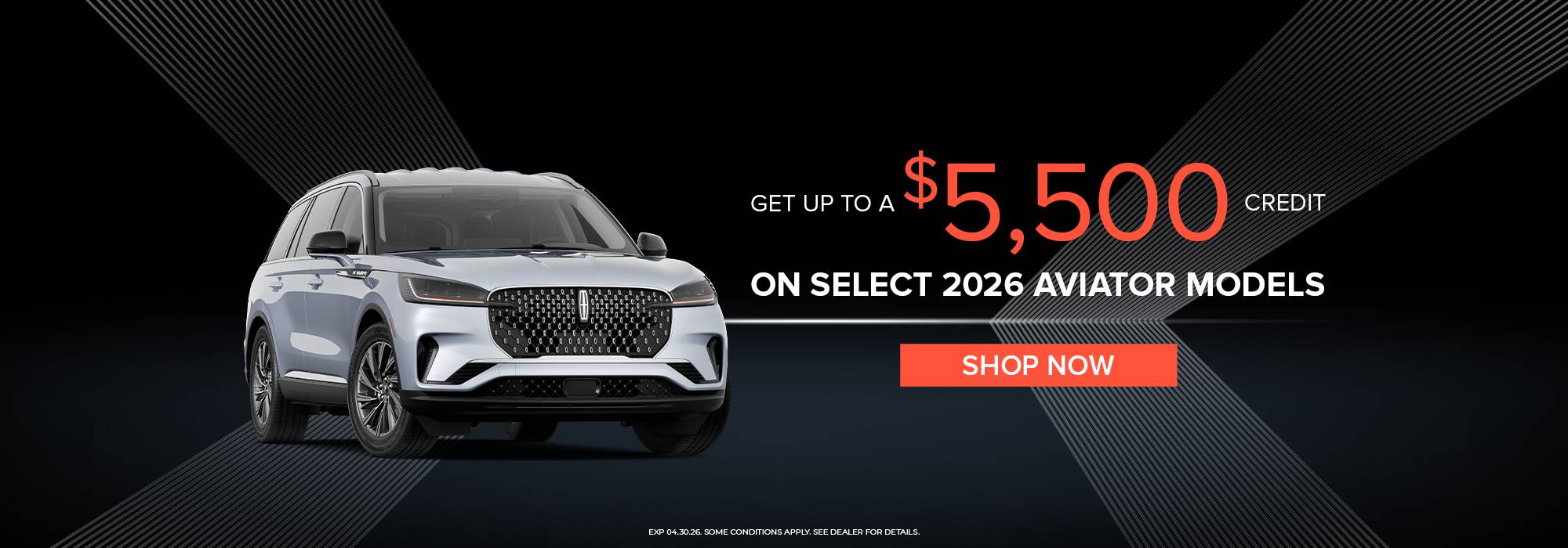 Silver SUV next to text about a $5,500 credit on select 2026 Aviator models, with a "Shop Now" button.