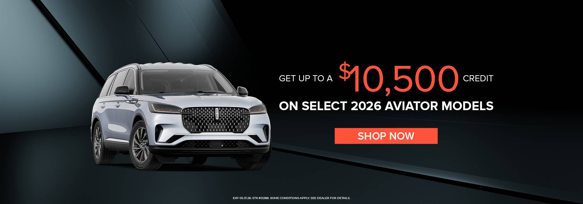 Silver SUV next to text about a $5,500 credit on select 2026 Aviator models, with a "Shop Now" button.