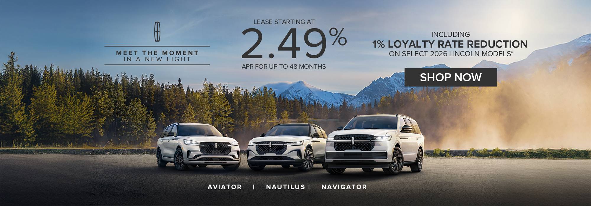 Three Lincoln SUVs with a forest and mountain backdrop, highlighting 2.49% lease offer. "Shop Now" button included.
